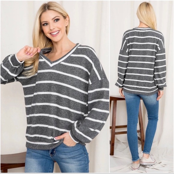 1 LEFT! Charcoal White Striped Hacci Brushed Arm Long Sleeves Fall Top - Picture 2 of 2